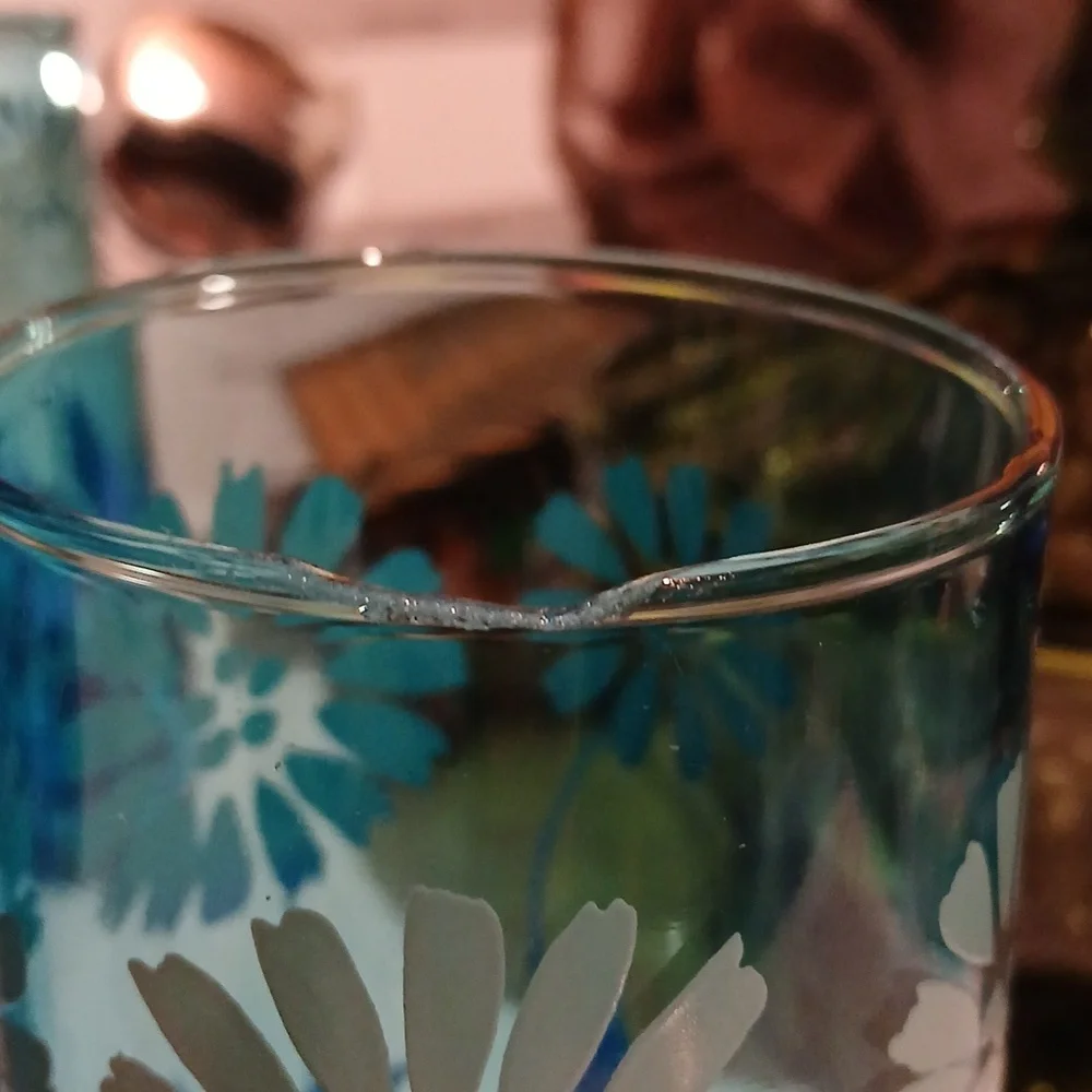 Vintage 70s MCM Anchor Hocking Blue Misty Daisy Glass Pitcher and 8 Tumbler Set
